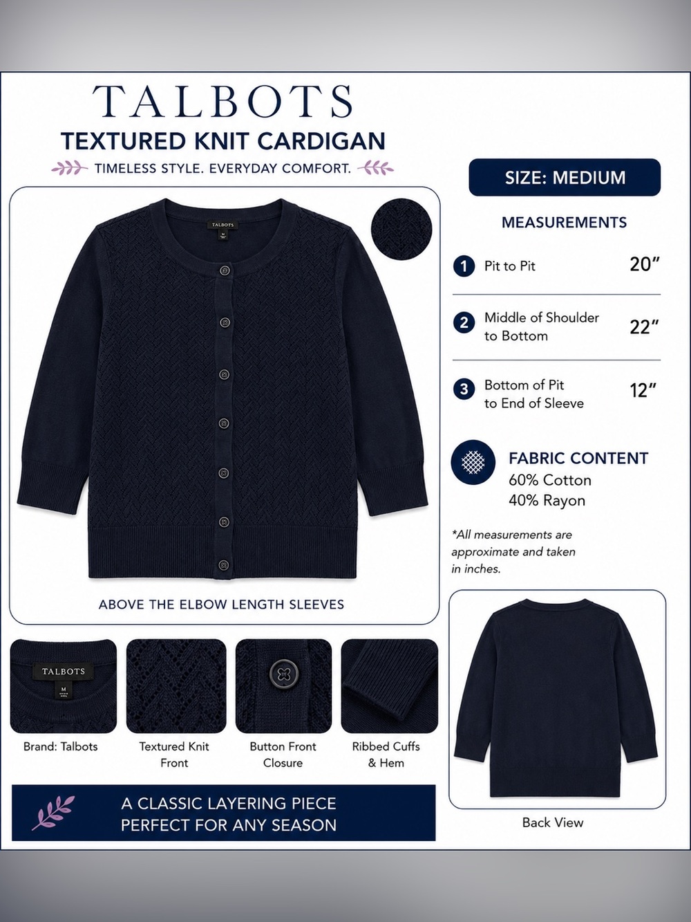 Vintage Talbots Chevron knit Navy Knit Sweater size M. Cotton/Rayon blend.